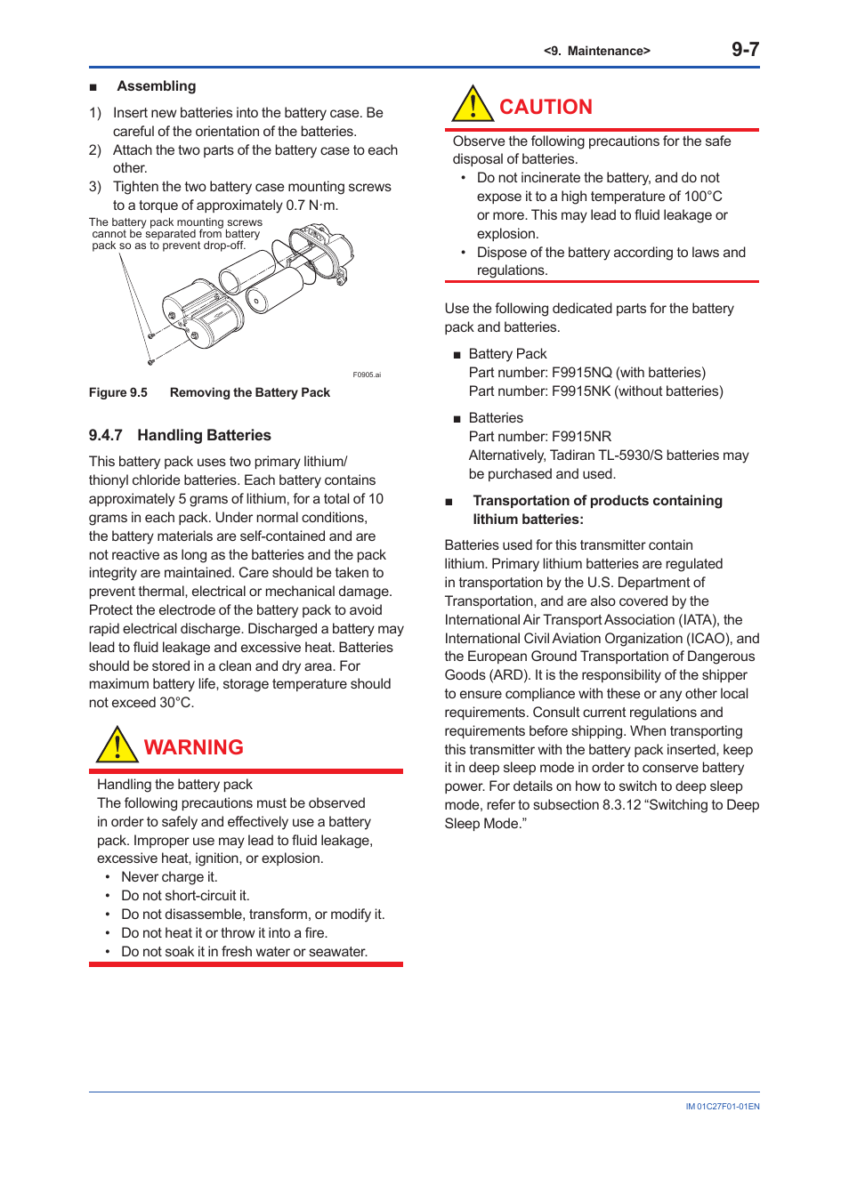 7 handling batteries, Handling batteries -7, Warning | Caution | Yokogawa EJX530B User Manual | Page 66 / 91