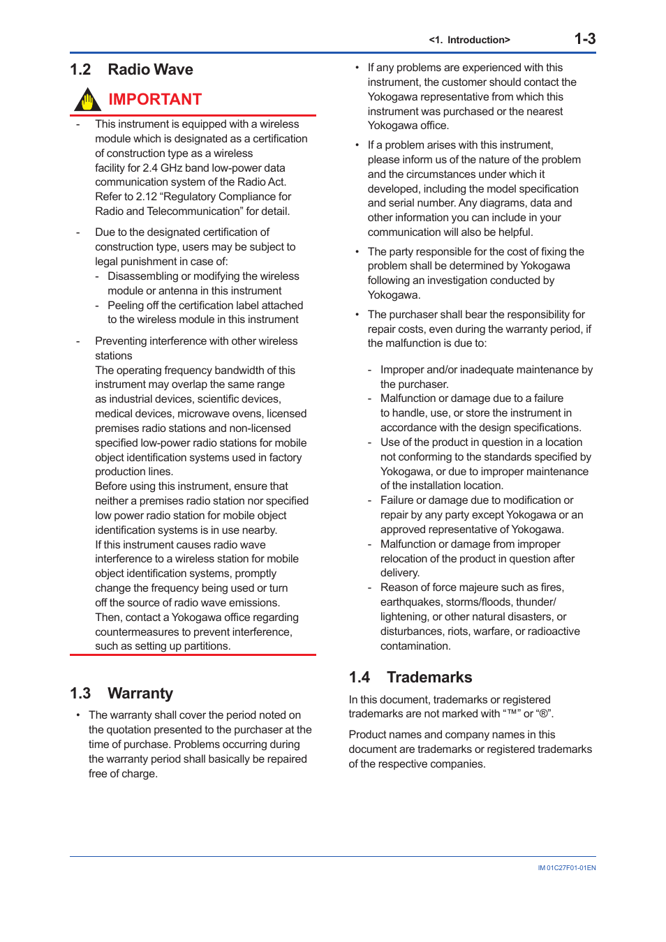 2 radio wave, 3 warranty, 4 trademarks | Radio wave -3, Warranty -3, Trademarks -3, 2 radio wave important | Yokogawa EJX530B User Manual | Page 7 / 91