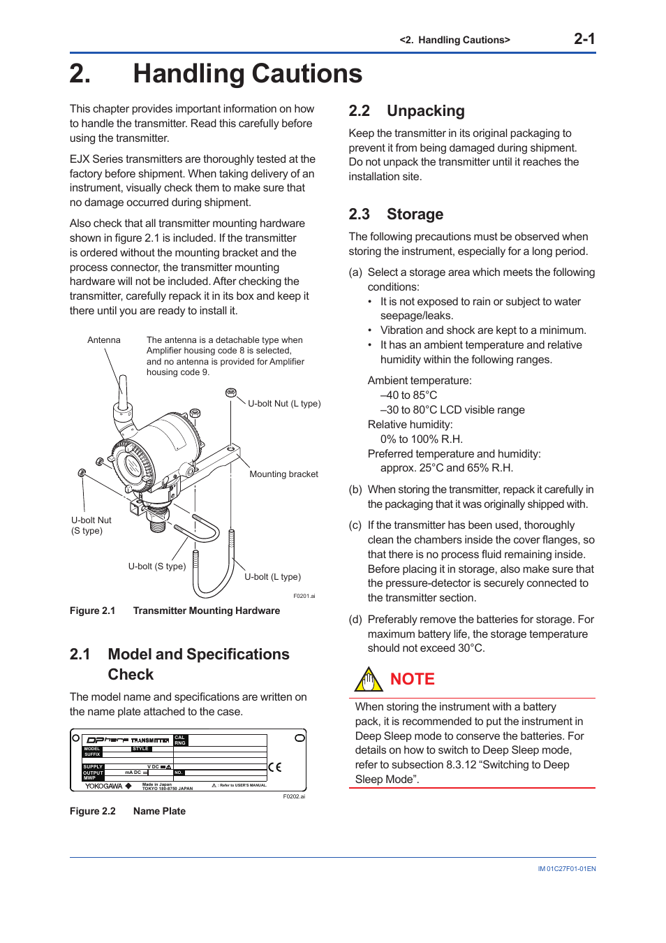 Handling cautions, 1 model and specifications check, 2 unpacking | 3 storage, Handling cautions -1, Model and specifications check -1, Unpacking -1, Storage -1 | Yokogawa EJX530B User Manual | Page 9 / 91