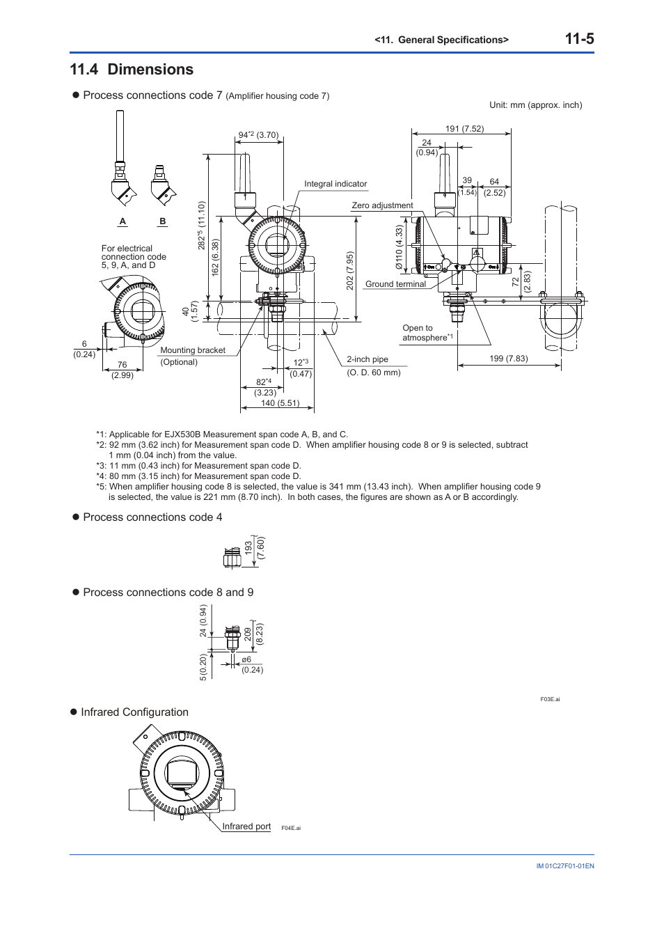 4 dimensions, Dimensions -5, Process connections code 7 | Infrared configuration | Yokogawa EJX530B User Manual | Page 90 / 91
