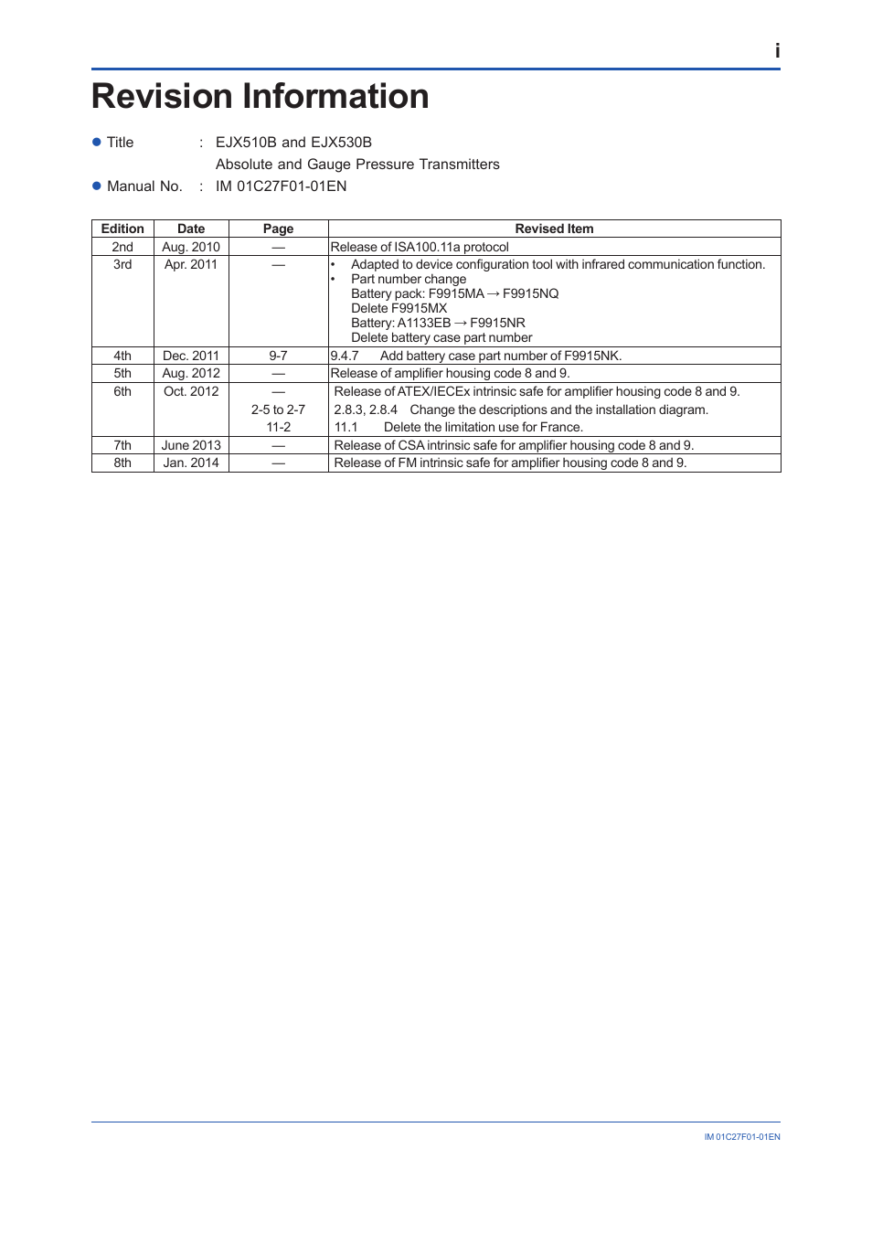 Revision information | Yokogawa EJX530B User Manual | Page 91 / 91