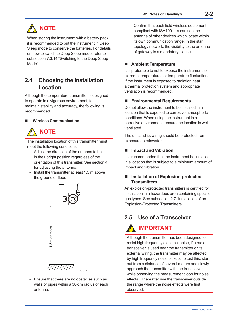 4 choosing the installation location, 5 use of a transceiver, Choosing the installation location -2 | Use of a transceiver -2, 5 use of a transceiver important | Yokogawa Wireless Temperature Transmitter YTA510 User Manual | Page 10 / 76