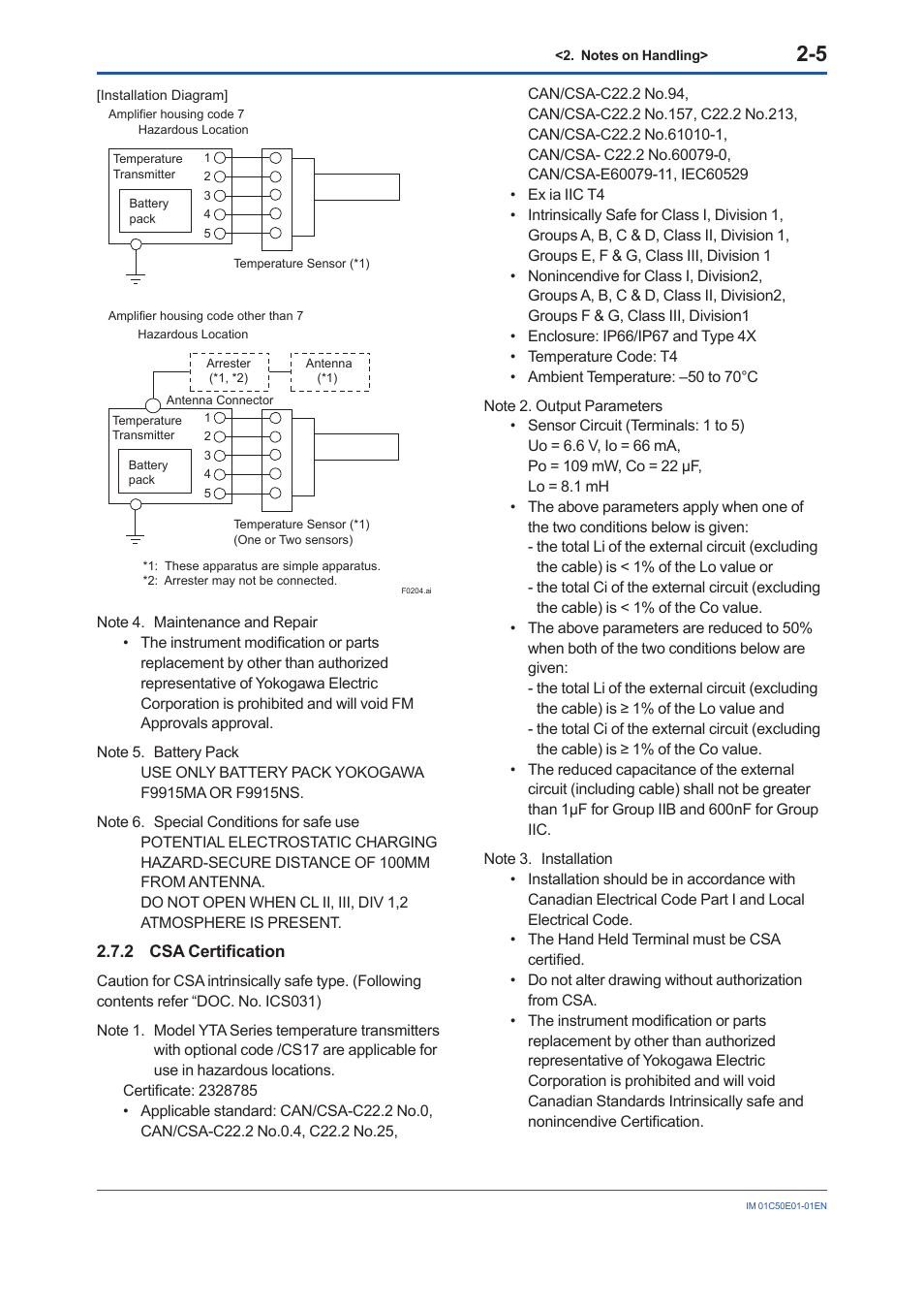 2 csa certification, Csa certification -5 | Yokogawa Wireless Temperature Transmitter YTA510 User Manual | Page 13 / 76