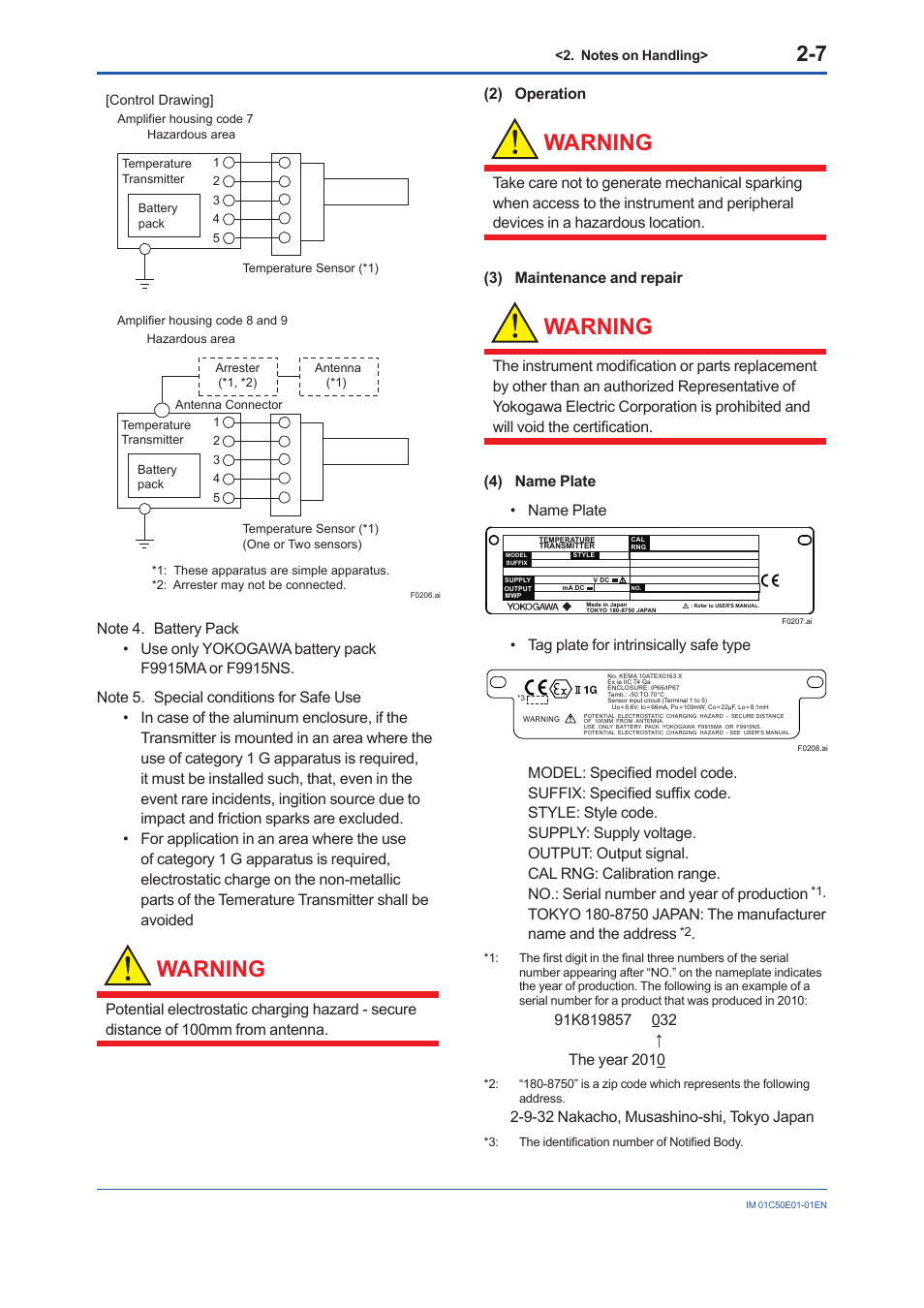 Warning, Tag plate for intrinsically safe type, 9-32 nakacho, musashino-shi, tokyo japan | Yokogawa Wireless Temperature Transmitter YTA510 User Manual | Page 15 / 76