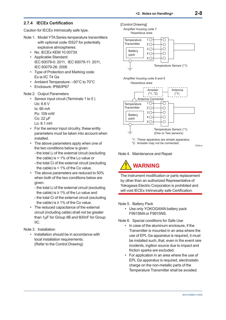 4 iecex certification, Iecex certification -8, Warning | Yokogawa Wireless Temperature Transmitter YTA510 User Manual | Page 16 / 76
