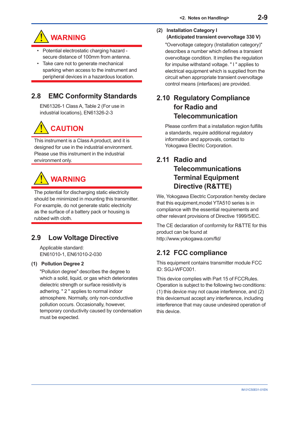8 emc conformity standards, 9 low voltage directive, 12 fcc compliance | Emc conformity standards -9, Low voltage directive -9, Fcc compliance -9, Warning, Caution | Yokogawa Wireless Temperature Transmitter YTA510 User Manual | Page 17 / 76