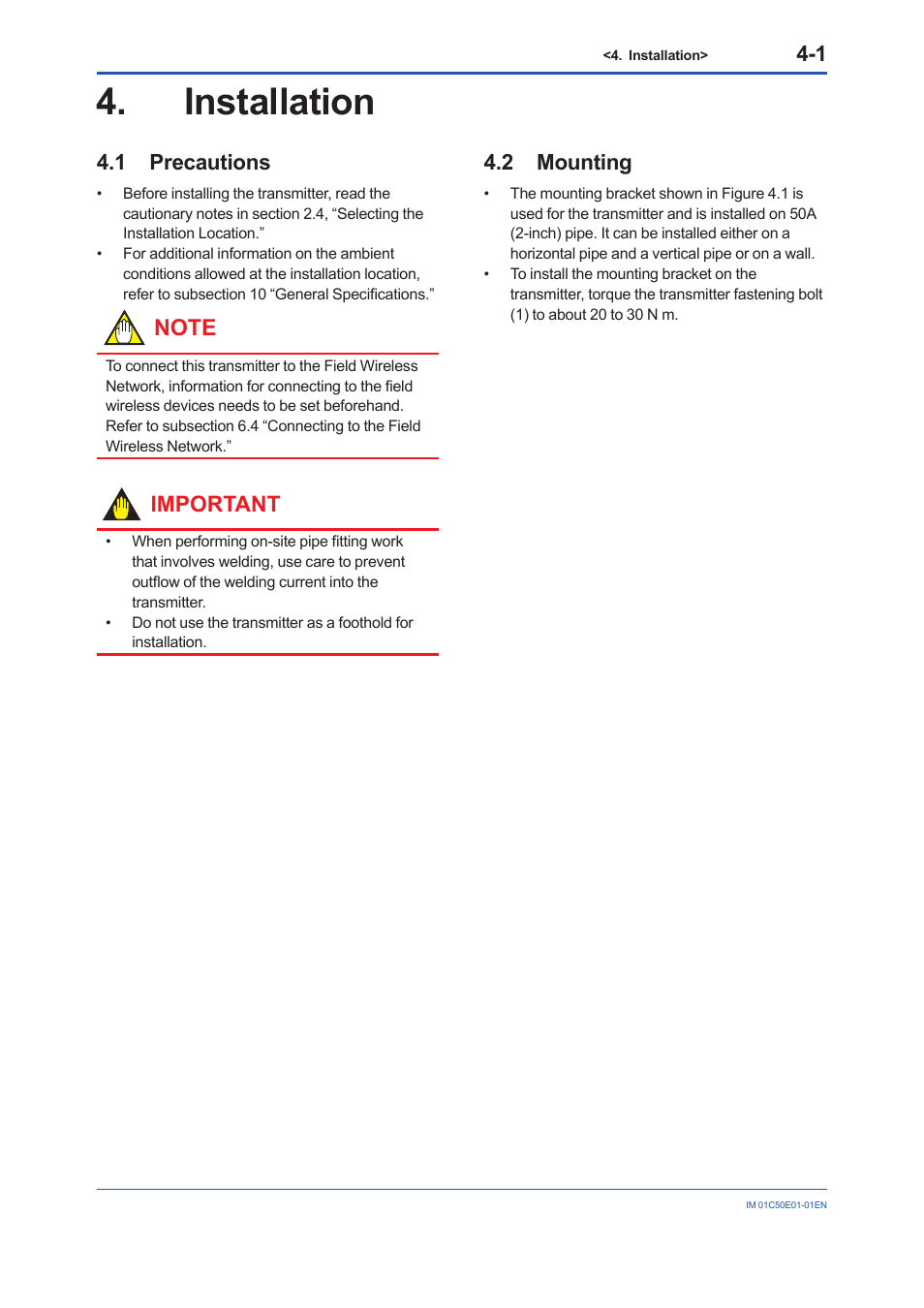 Installation, 1 precautions, 2 mounting | Installation -1, Precautions -1, Mounting -1, Important | Yokogawa Wireless Temperature Transmitter YTA510 User Manual | Page 20 / 76