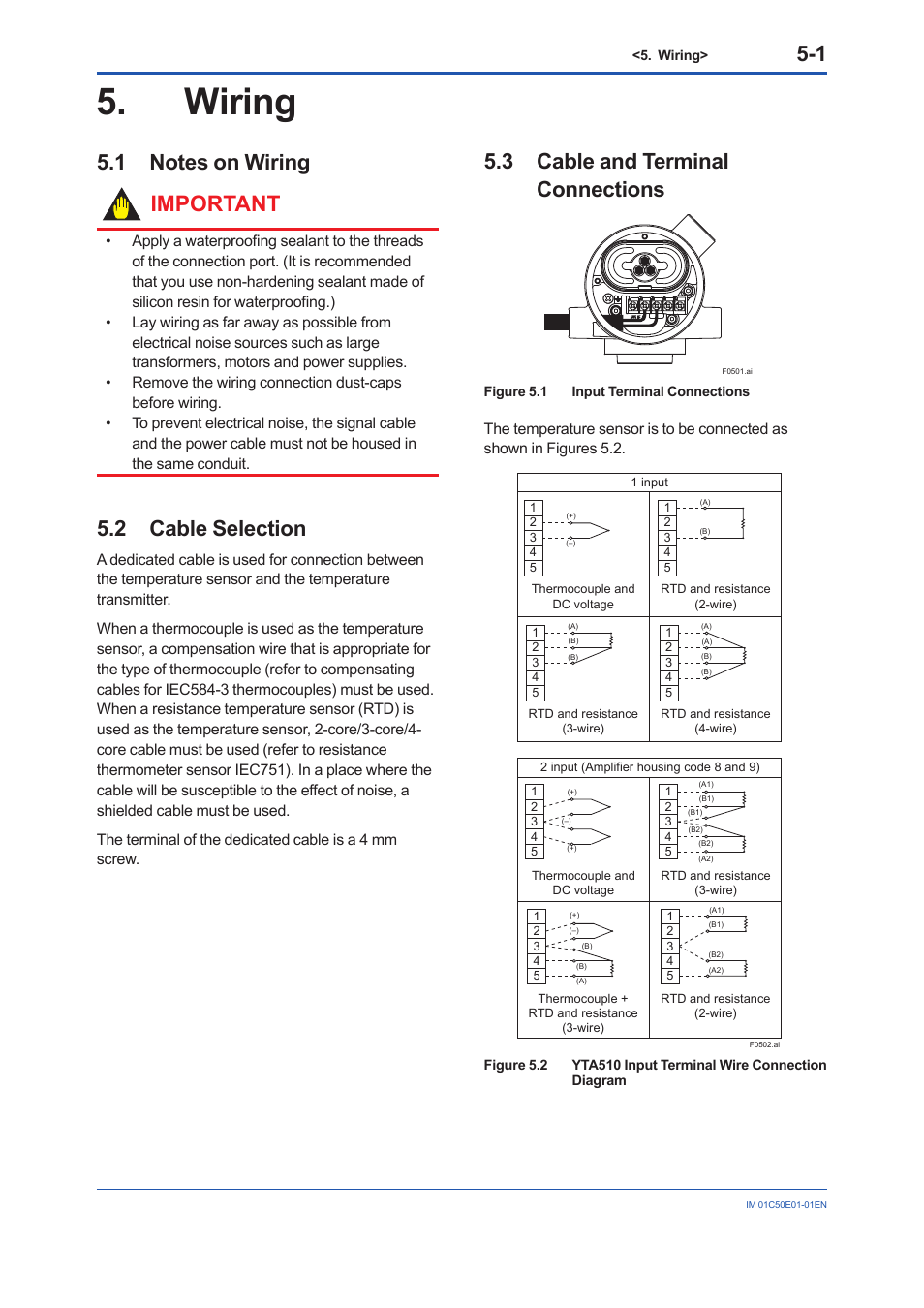 Wiring, 1 notes on wiring, 2 cable selection | 3 cable and terminal connections, Wiring -1, Notes on wiring -1, Cable selection -1, Cable and terminal connections -1 | Yokogawa Wireless Temperature Transmitter YTA510 User Manual | Page 23 / 76