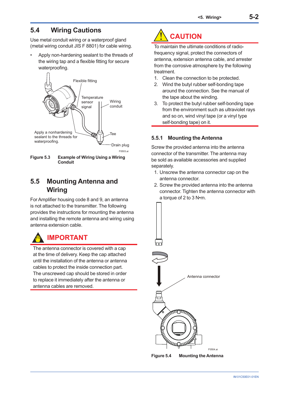 4 wiring cautions, 5 mounting antenna and wiring, 1 mounting the antenna | Wiring cautions -2, Mounting antenna and wiring -2 5.5.1, Mounting the antenna -2, Caution, Important | Yokogawa Wireless Temperature Transmitter YTA510 User Manual | Page 24 / 76