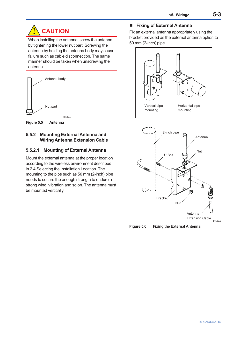1 mounting of external antenna, 1 mounting of external antenna -3, Caution | Yokogawa Wireless Temperature Transmitter YTA510 User Manual | Page 25 / 76