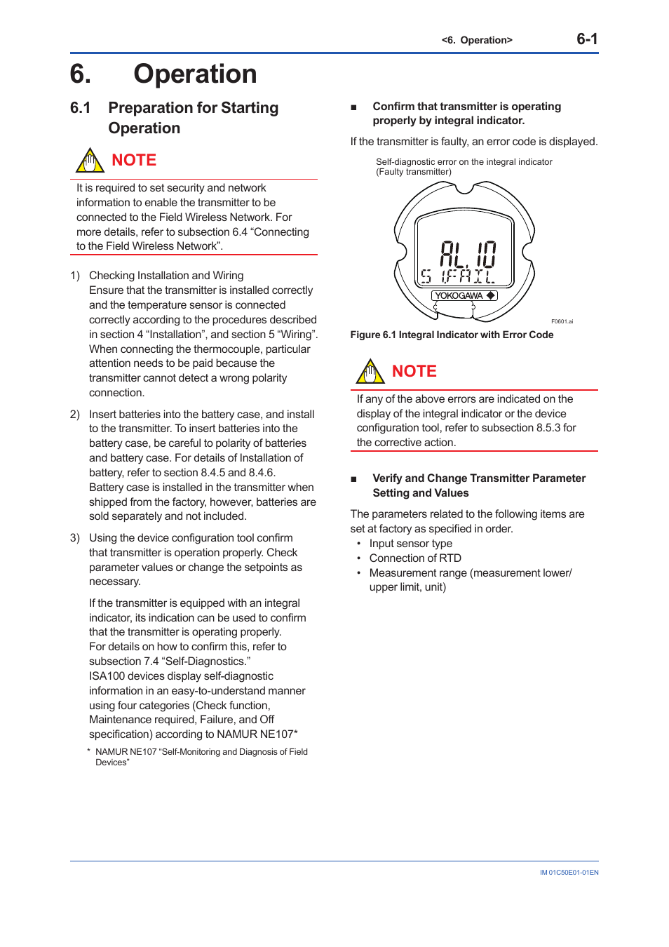 Operation, 1 preparation for starting operation, Operation -1 | Preparation for starting operation -1 | Yokogawa Wireless Temperature Transmitter YTA510 User Manual | Page 29 / 76
