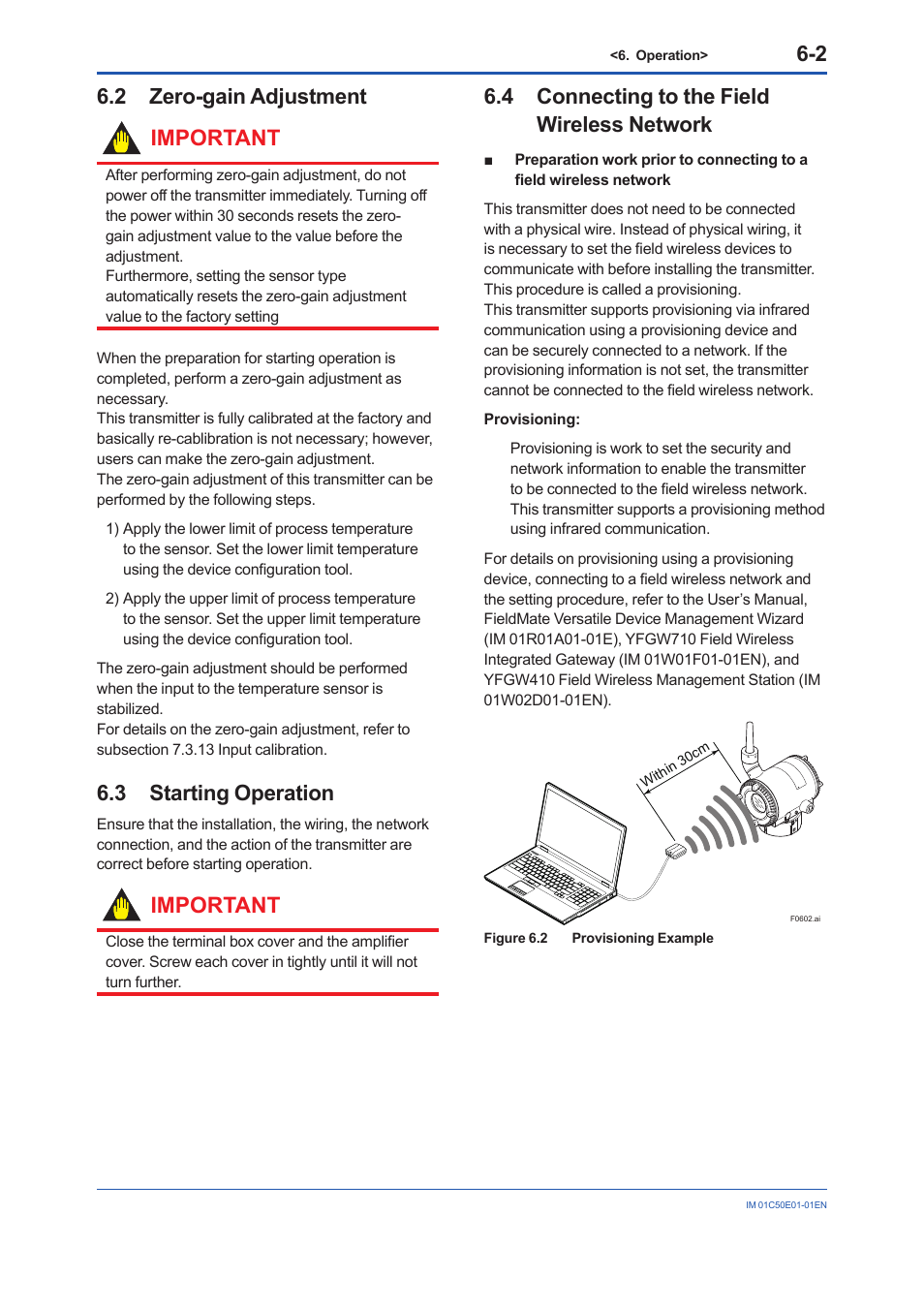 2 zero-gain adjustment, 3 starting operation, 4 connecting to the field wireless network | Zero-gain adjustment -2, Starting operation -2, Connecting to the field wireless network -2, 2 zero-gain adjustment important, Important | Yokogawa Wireless Temperature Transmitter YTA510 User Manual | Page 30 / 76