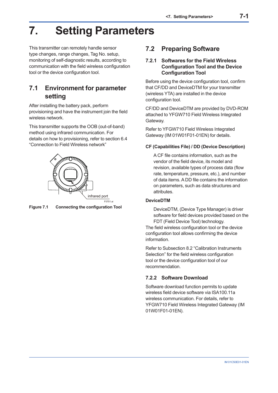 Setting parameters, 1 environment for parameter setting, 2 preparing software | 2 software download, Setting parameters -1, Environment for parameter setting -1, Preparing software -1 7.2.1, Configuration tool -1, Software download -1 | Yokogawa Wireless Temperature Transmitter YTA510 User Manual | Page 33 / 76