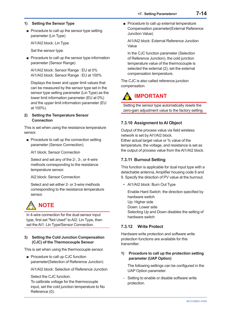 10 assignment to ai object, 11 burnout setting, 12 write protect | Assignment to ai object -14, Burnout setting -14, Write protect -14, Important | Yokogawa Wireless Temperature Transmitter YTA510 User Manual | Page 46 / 76