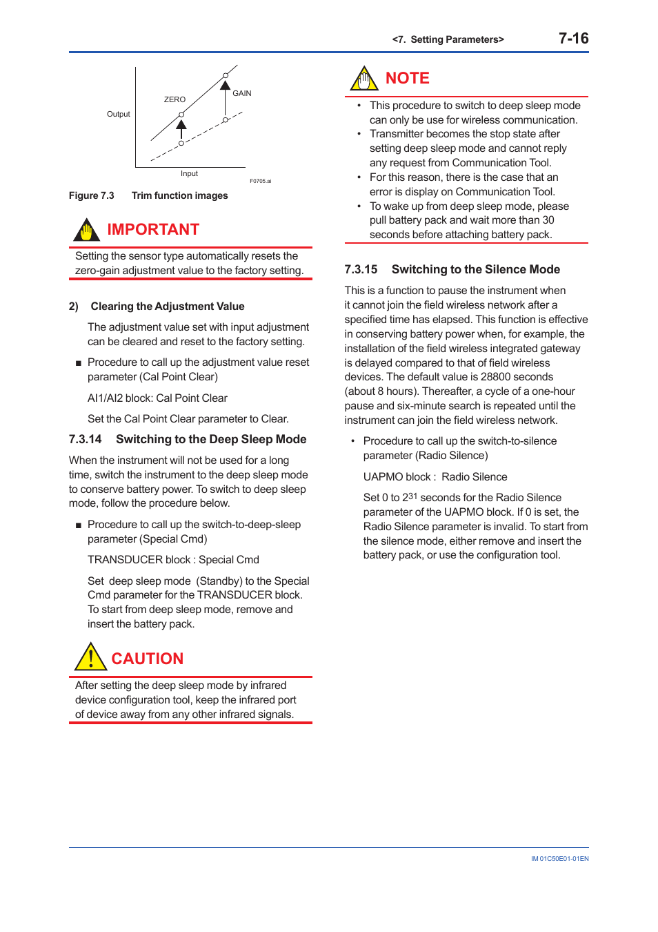 14 switching to the deep sleep mode, 15 switching to the silence mode, Switching to the deep sleep mode -16 | Switching to the silence mode -16, Caution, Important | Yokogawa Wireless Temperature Transmitter YTA510 User Manual | Page 48 / 76