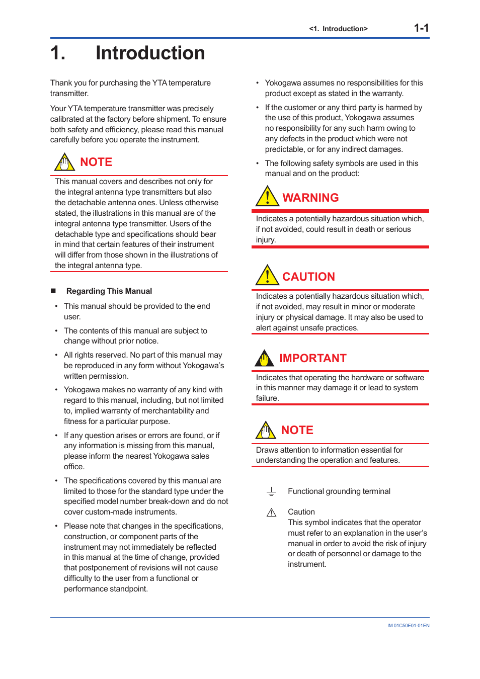 Introduction, Introduction -1, Warning | Caution, Important | Yokogawa Wireless Temperature Transmitter YTA510 User Manual | Page 5 / 76