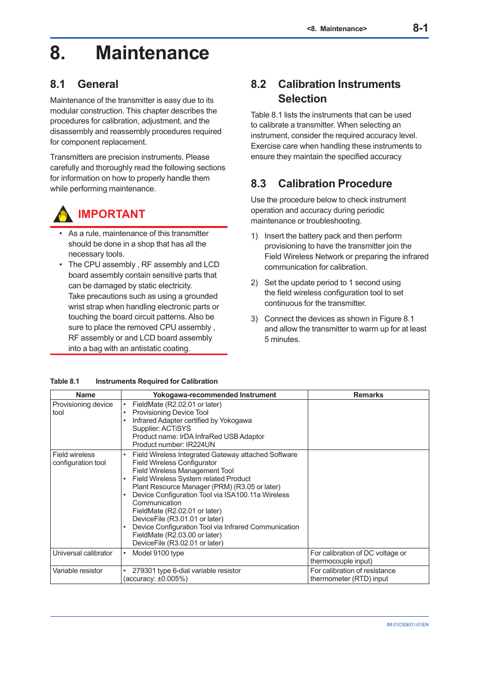 Maintenance, 1 general, 2 calibration instruments selection | 3 calibration procedure, Maintenance -1, General -1, Calibration instruments selection -1, Calibration procedure -1, Important | Yokogawa Wireless Temperature Transmitter YTA510 User Manual | Page 52 / 76