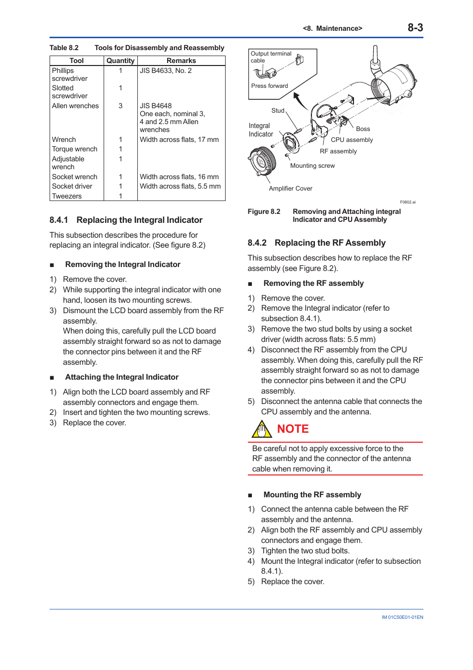 1 replacing the integral indicator, 2 replacing the rf assembly, Replacing the integral indicator -3 | Replacing the rf assembly -3 | Yokogawa Wireless Temperature Transmitter YTA510 User Manual | Page 54 / 76