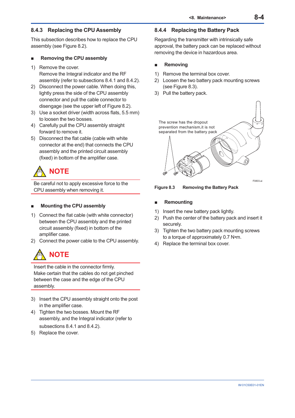 3 replacing the cpu assembly, 4 replacing the battery pack, Replacing the cpu assembly -4 | Replacing the battery pack -4 | Yokogawa Wireless Temperature Transmitter YTA510 User Manual | Page 55 / 76