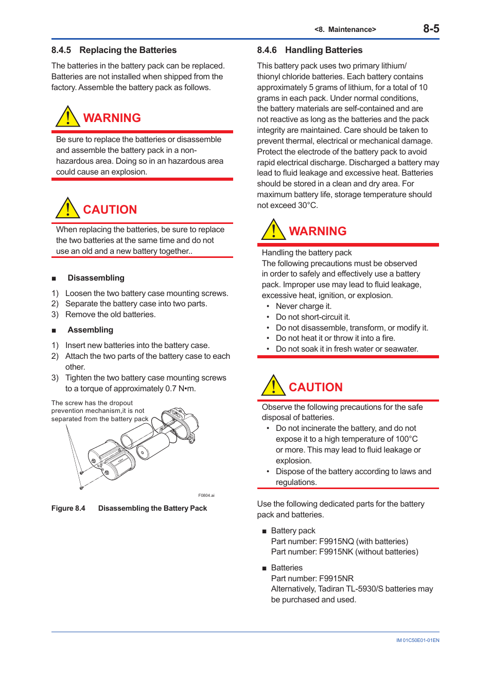 5 replacing the batteries, 6 handling batteries, Replacing the batteries -5 | Handling batteries -5, Warning, Caution | Yokogawa Wireless Temperature Transmitter YTA510 User Manual | Page 56 / 76