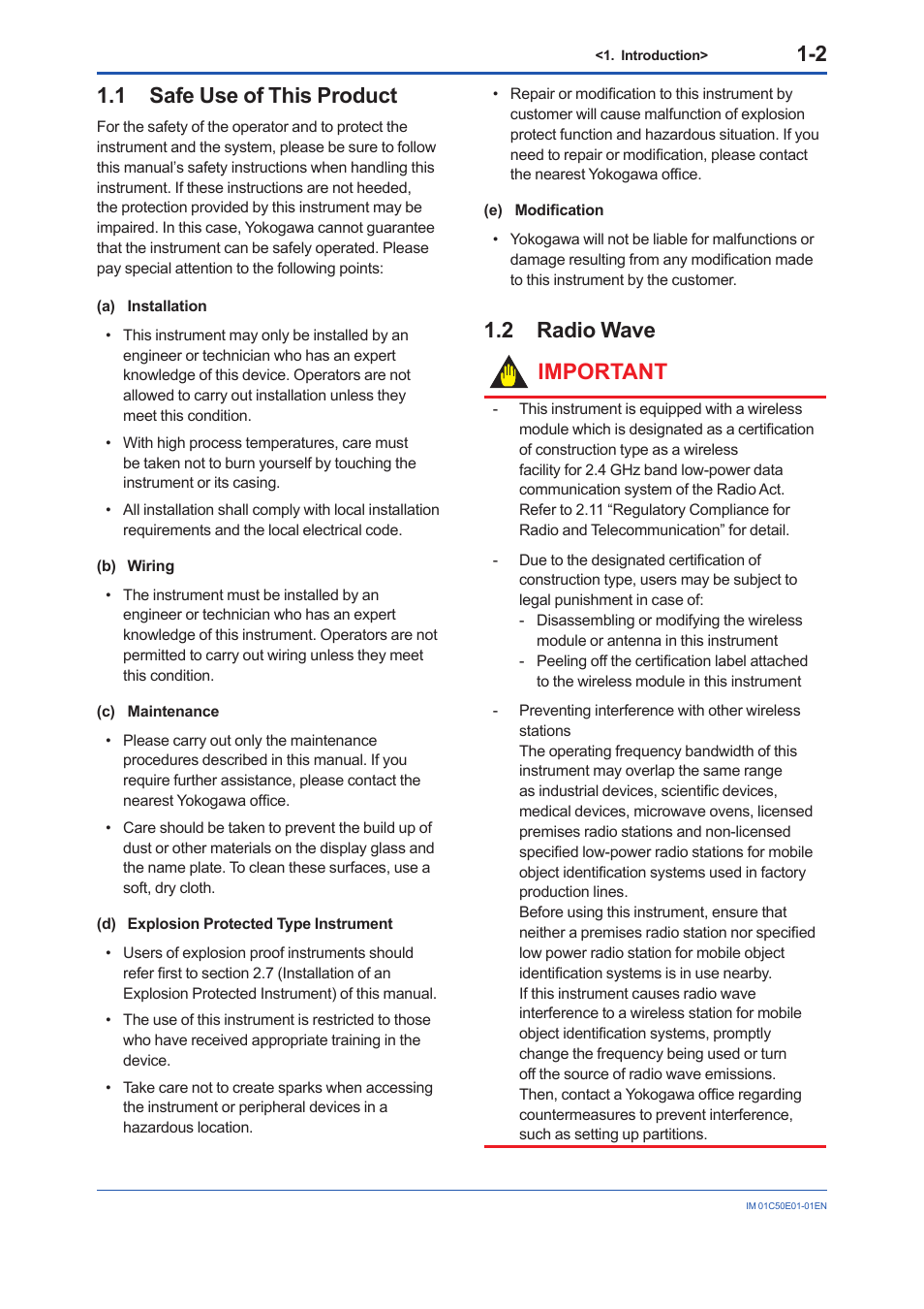 1 safe use of this product, 2 radio wave, Safe use of this product -2 | Radio wave -2, 2 radio wave important | Yokogawa Wireless Temperature Transmitter YTA510 User Manual | Page 6 / 76