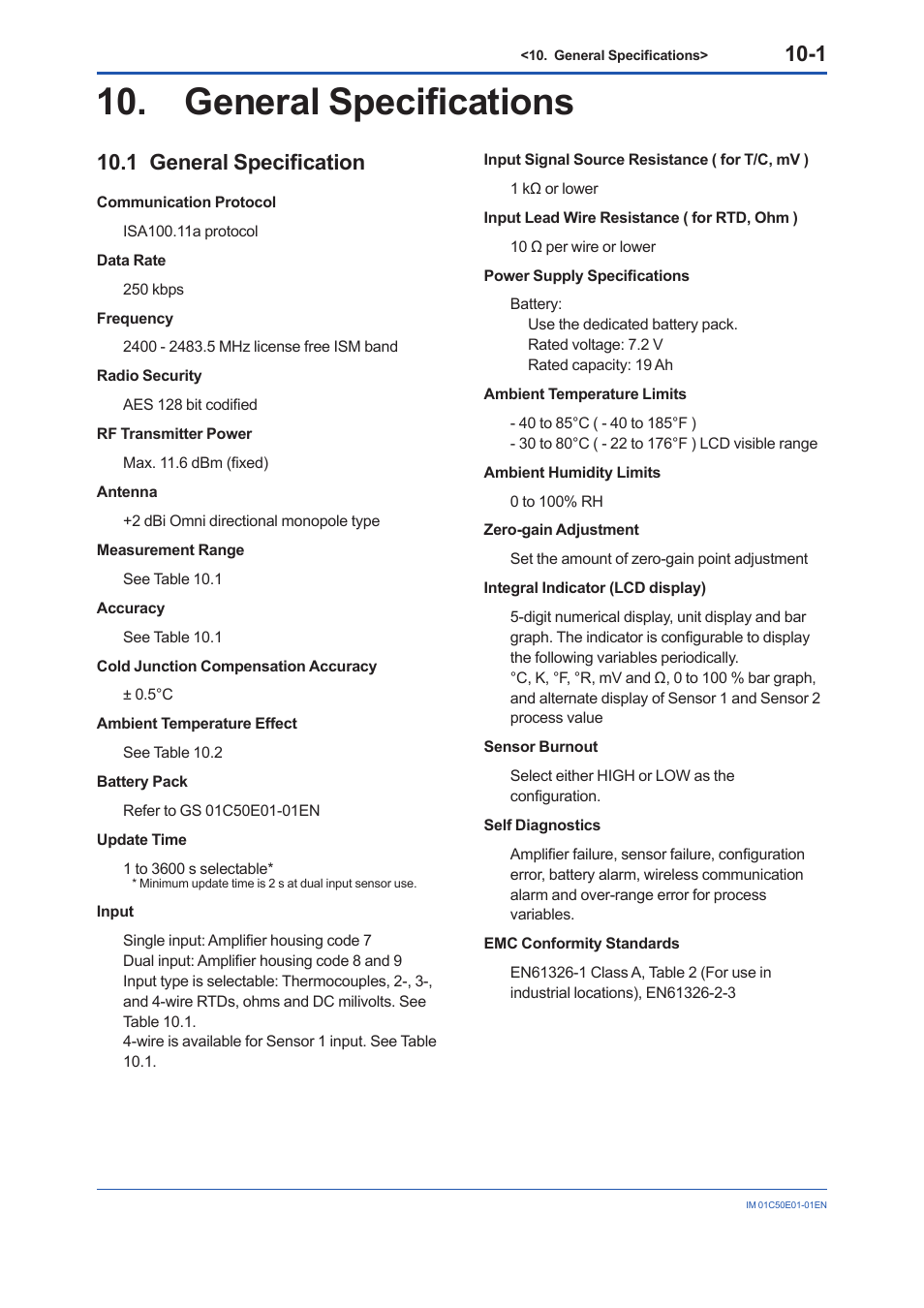 General specifications, 1 general specification, General specifications -1 | General specification -1 | Yokogawa Wireless Temperature Transmitter YTA510 User Manual | Page 69 / 76