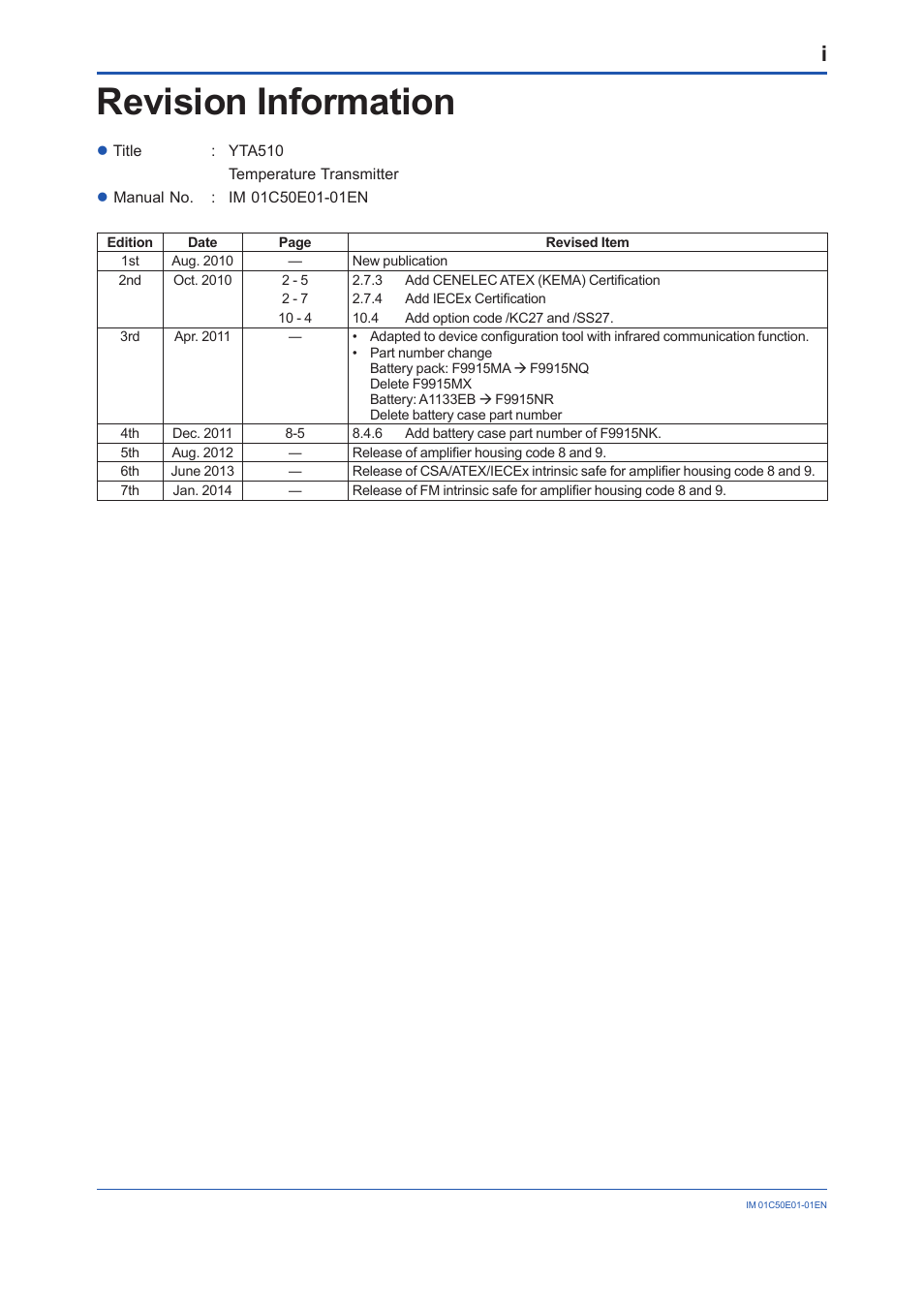 Revision information | Yokogawa Wireless Temperature Transmitter YTA510 User Manual | Page 76 / 76