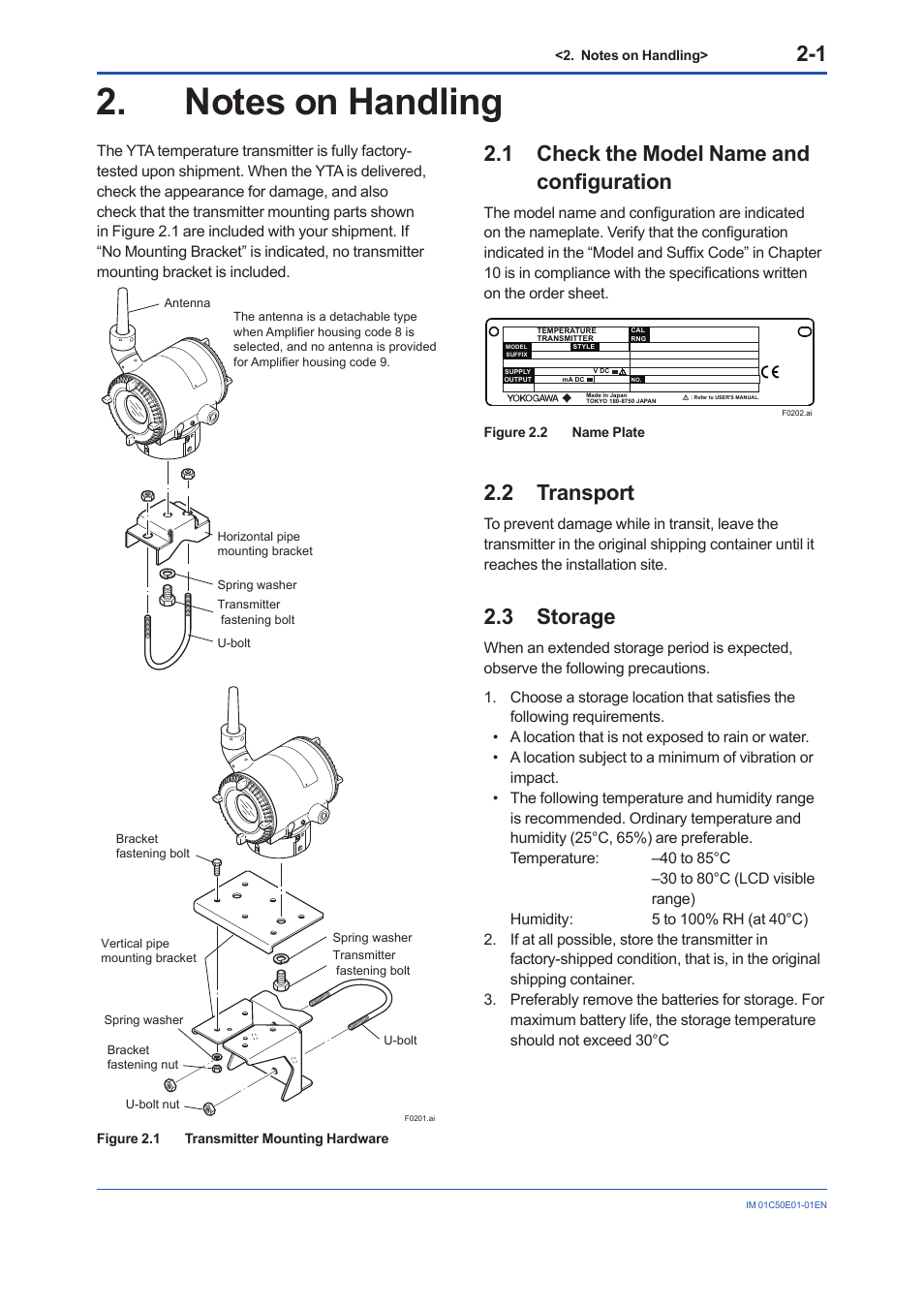 Notes on handling, 1 check the model name and configuration, 2 transport | 3 storage, Notes on handling -1, Check the model name and configuration -1, Transport -1, Storage -1 | Yokogawa Wireless Temperature Transmitter YTA510 User Manual | Page 9 / 76