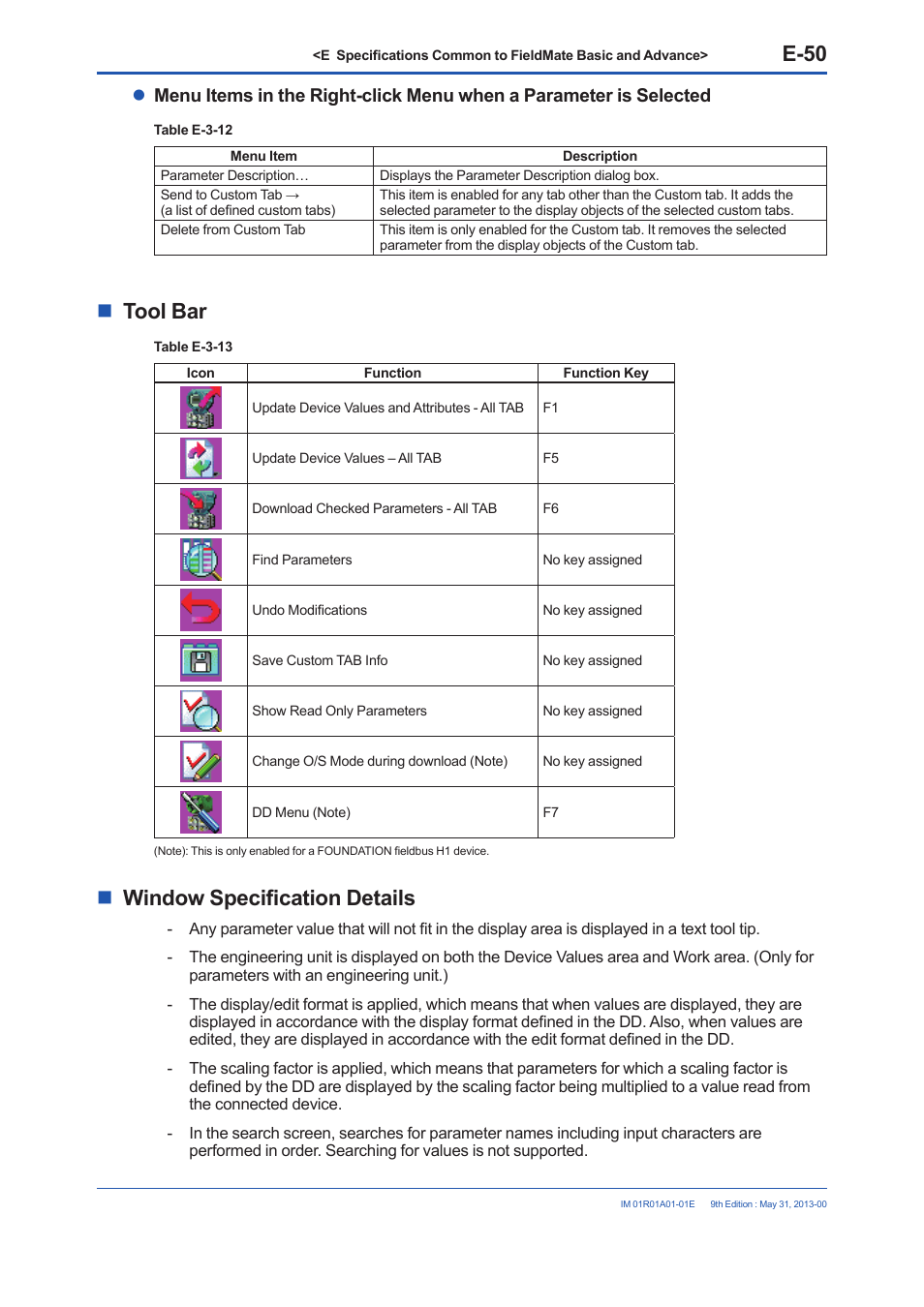 E-50, Tool bar, Window specification details | Yokogawa FieldMate User Manual | Page 100 / 384