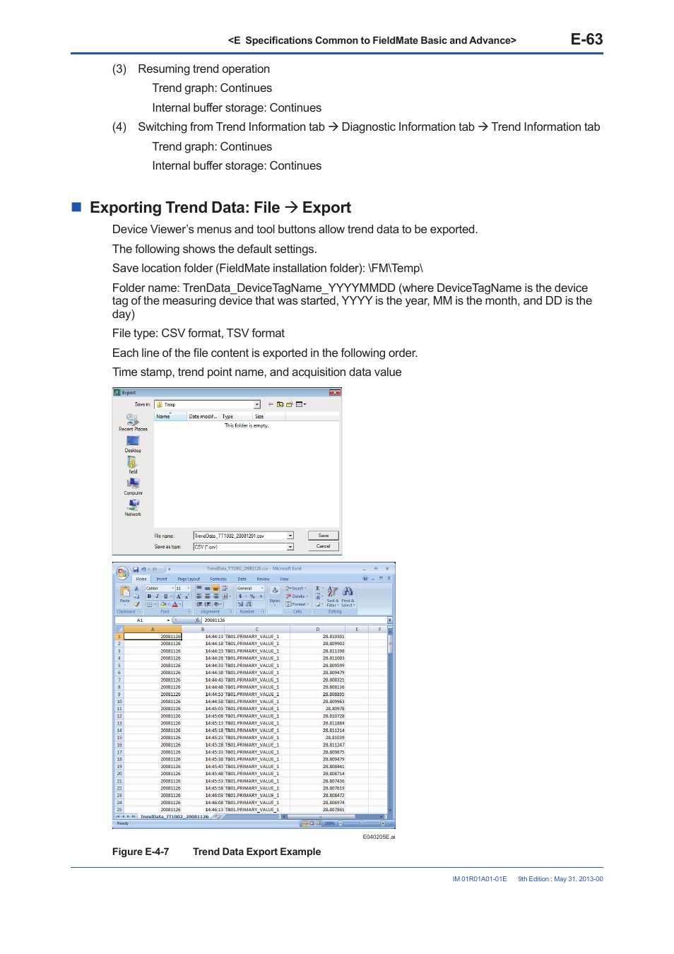 E-63, Exporting trend data: file  export | Yokogawa FieldMate User Manual | Page 113 / 384