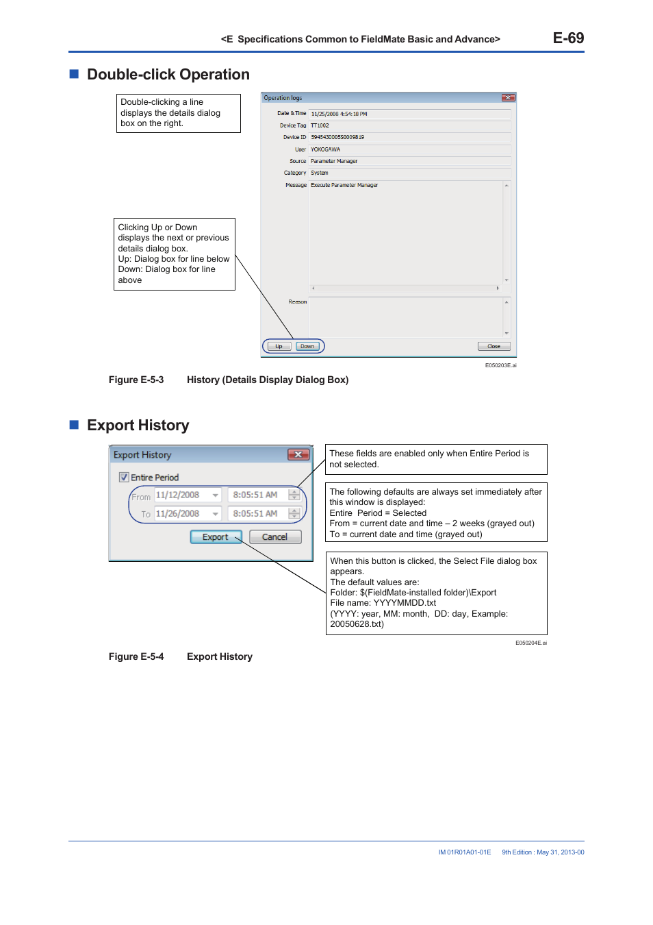E-69, Double-click operation, Export history | Yokogawa FieldMate User Manual | Page 119 / 384