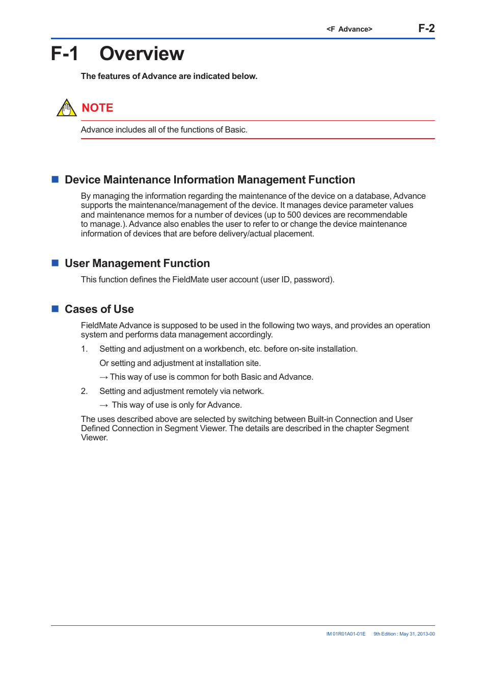 F-1 overview, Device maintenance information management function, User management function | Cases of use | Yokogawa FieldMate User Manual | Page 121 / 384