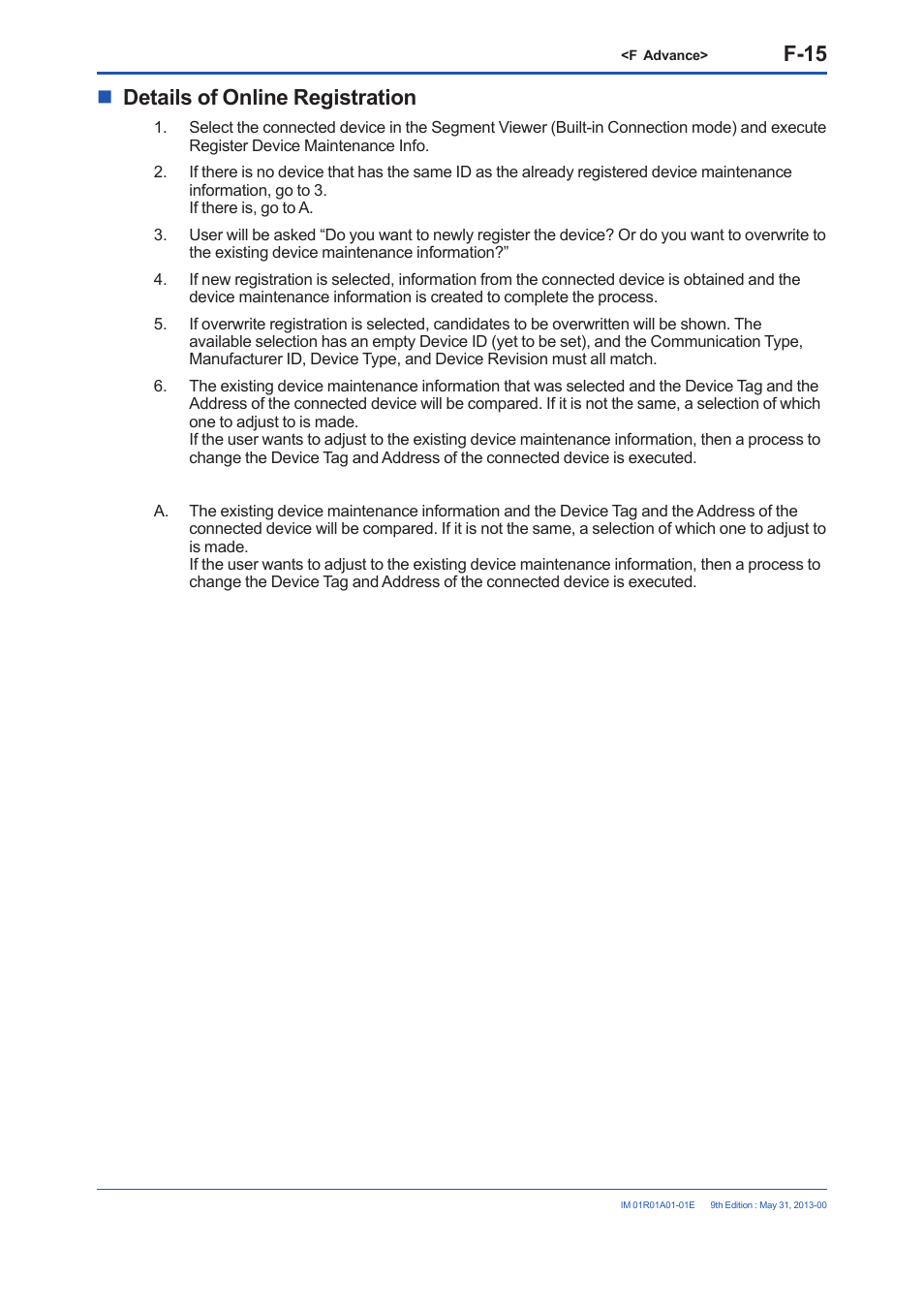 F-15, Details of online registration | Yokogawa FieldMate User Manual | Page 134 / 384