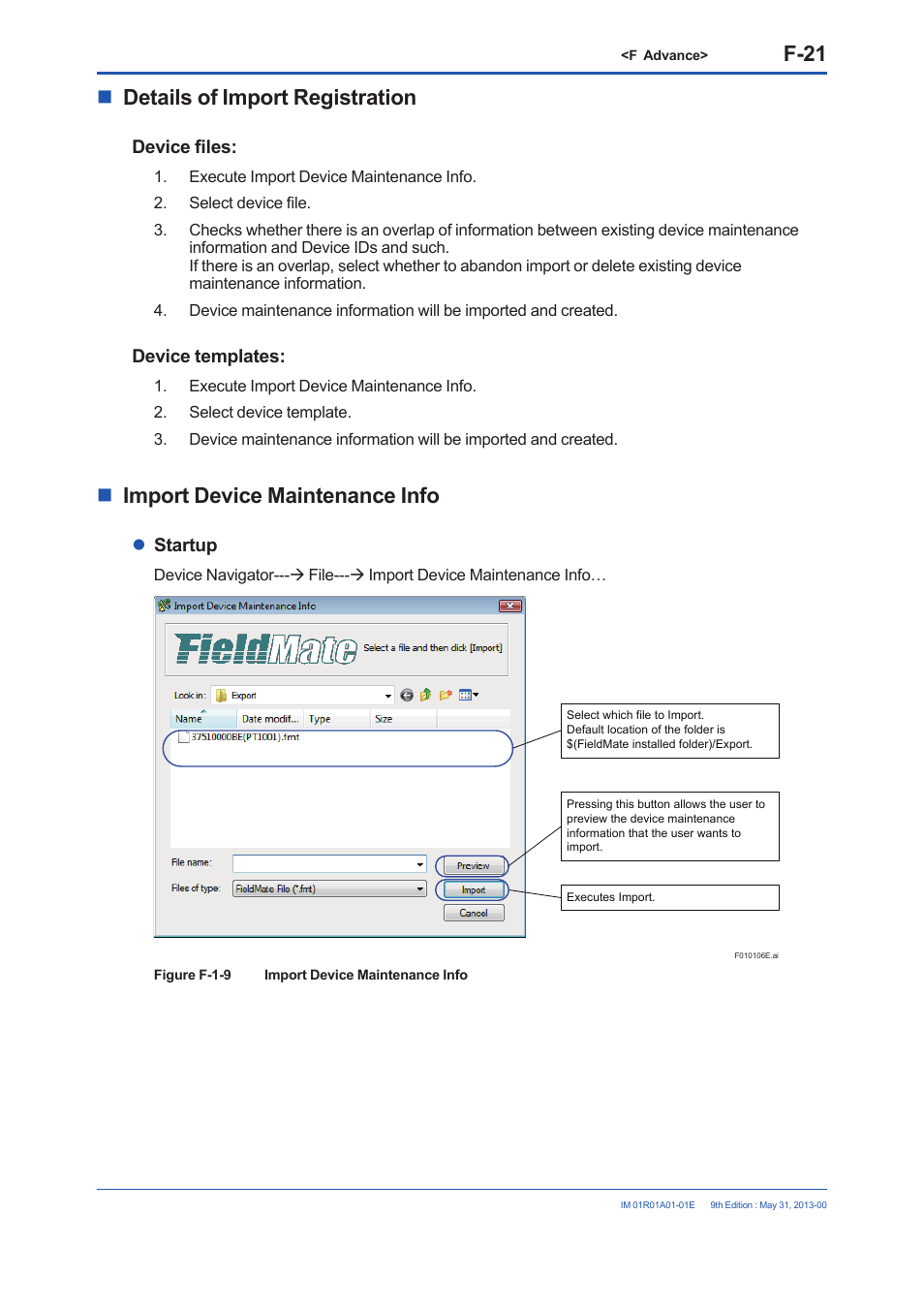 F-21, Details of import registration, Import device maintenance info | Device files, Device templates, Startup | Yokogawa FieldMate User Manual | Page 140 / 384