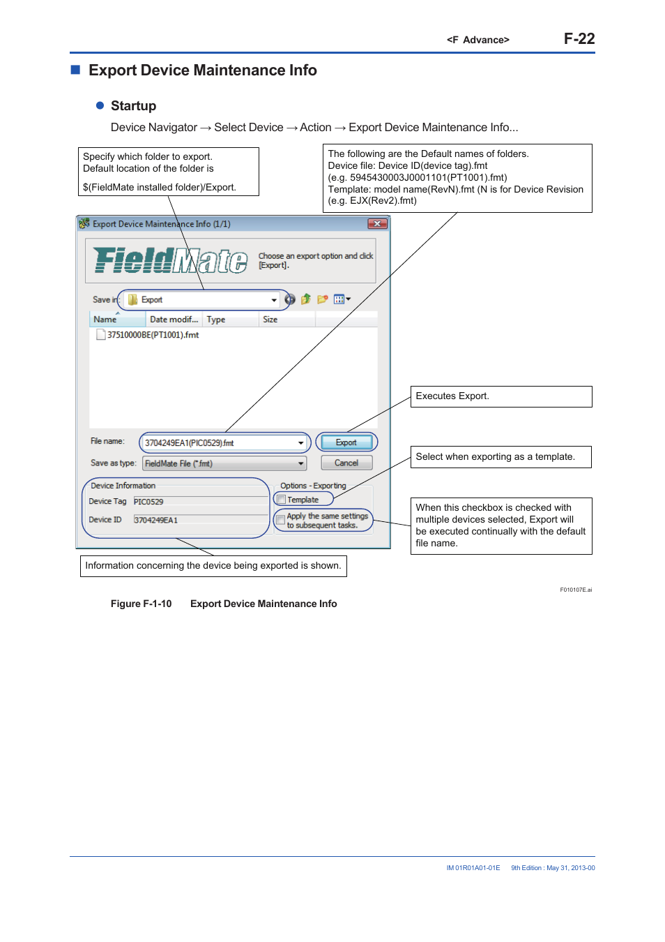F-22, Export device maintenance info, Startup | Yokogawa FieldMate User Manual | Page 141 / 384
