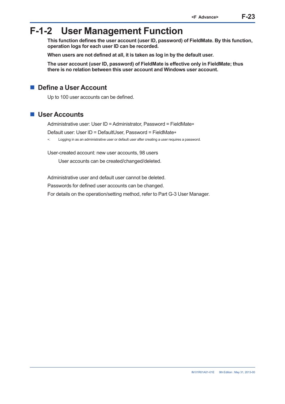 F-1-2 user management function, F-1-2, F-23 | Define a user account, User accounts | Yokogawa FieldMate User Manual | Page 142 / 384