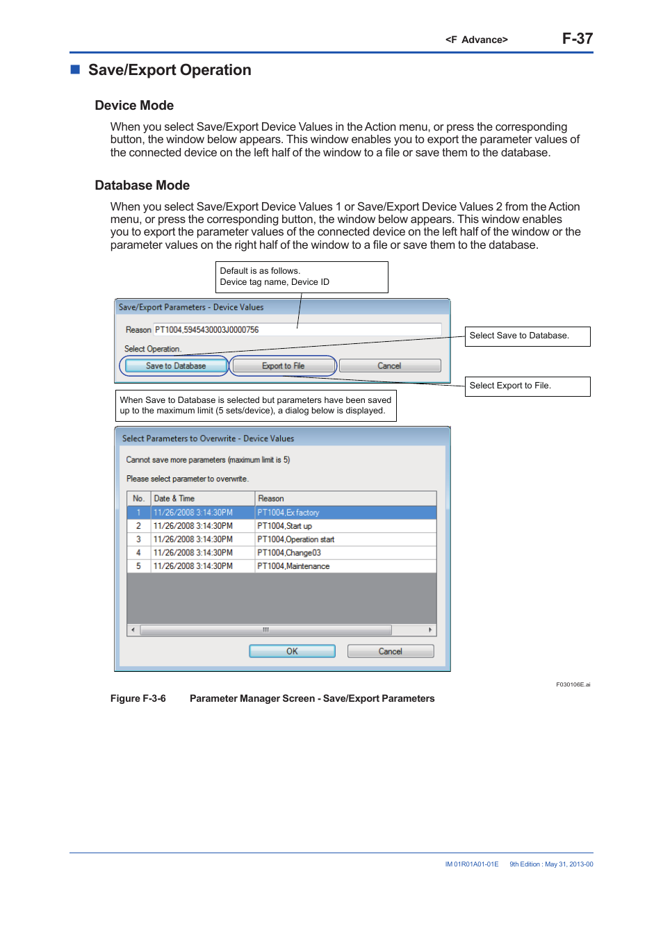 F-37, Save/export operation, Device mode | Database mode | Yokogawa FieldMate User Manual | Page 156 / 384