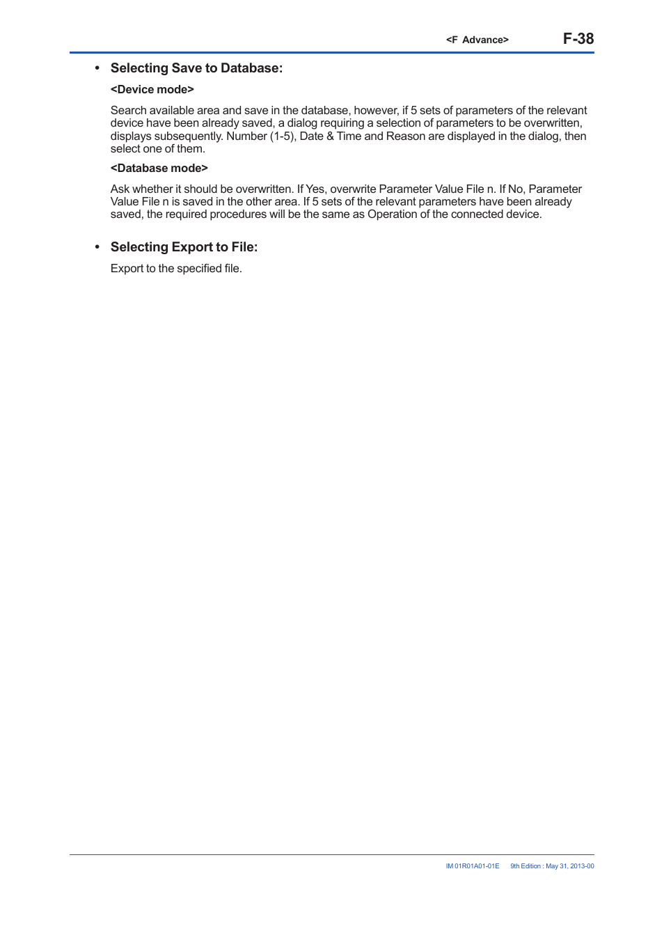 F-38, Selecting save to database, Selecting export to file | Yokogawa FieldMate User Manual | Page 157 / 384
