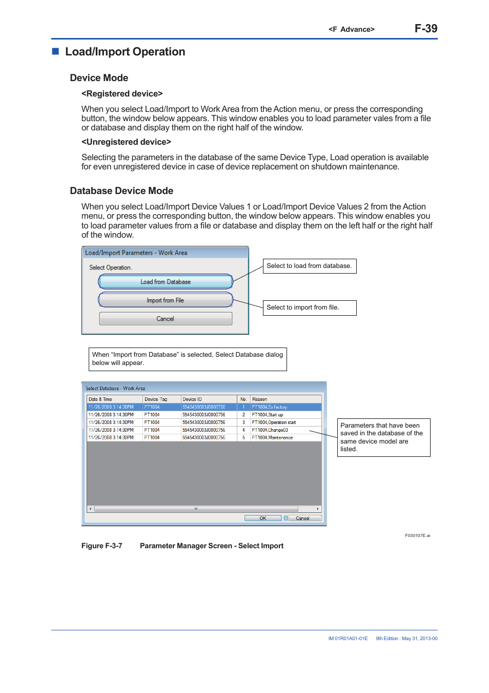 F-39, Load/import operation, Device mode | Database device mode | Yokogawa FieldMate User Manual | Page 158 / 384