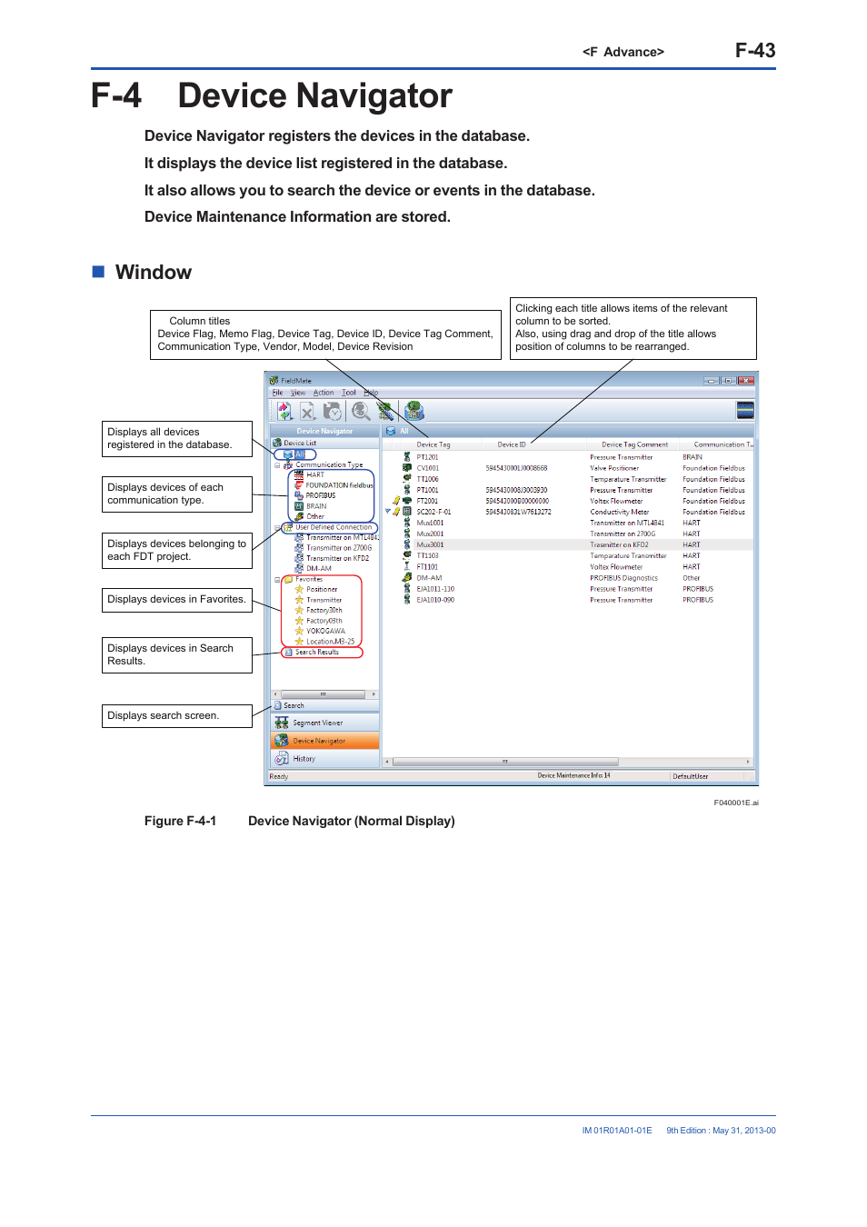 F-4 device navigator, F-43, Window | Yokogawa FieldMate User Manual | Page 162 / 384