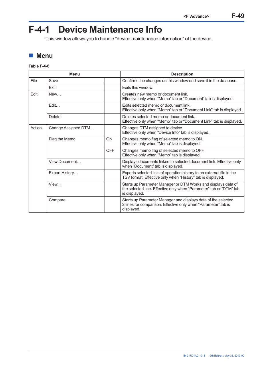 F-4-1 device maintenance info, F-4-1, F-49 | Menu | Yokogawa FieldMate User Manual | Page 168 / 384