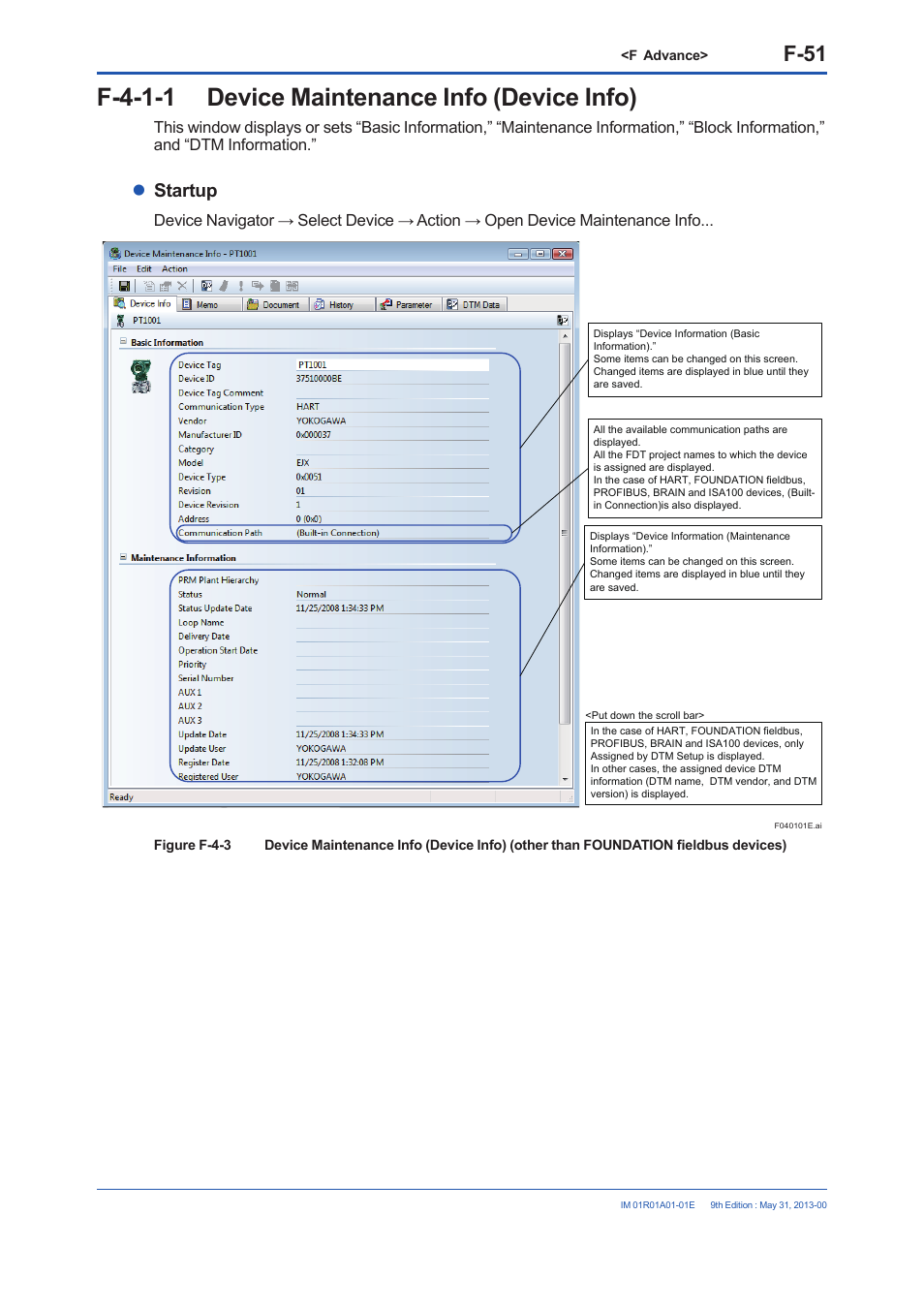 F-4-1-1 device maintenance info (device info), F-51, Startup | Yokogawa FieldMate User Manual | Page 170 / 384