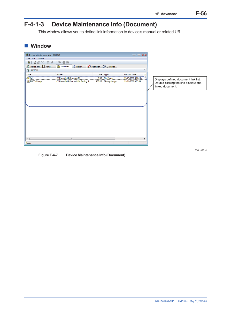 F-4-1-3 device maintenance info (document), F-56, Window | Yokogawa FieldMate User Manual | Page 175 / 384