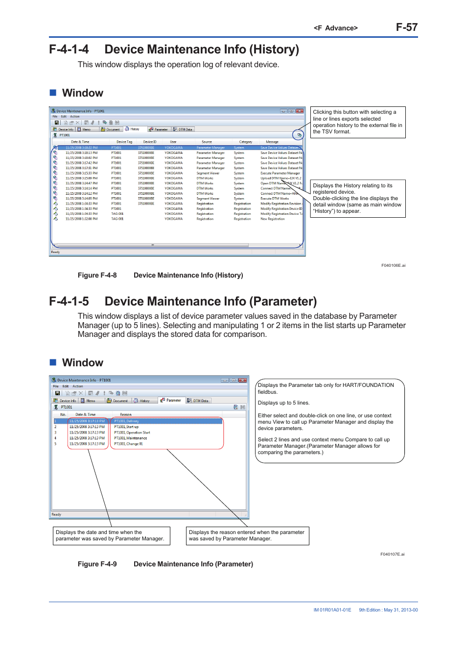 F-4-1-4 device maintenance info (history), F-4-1-5 device maintenance info (parameter), F-57 | Window | Yokogawa FieldMate User Manual | Page 176 / 384