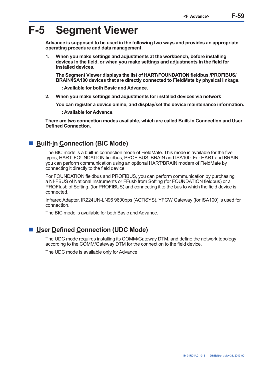 F-5 segment viewer, F-59, Built-in connection (bic mode) | User defined connection (udc mode) | Yokogawa FieldMate User Manual | Page 178 / 384
