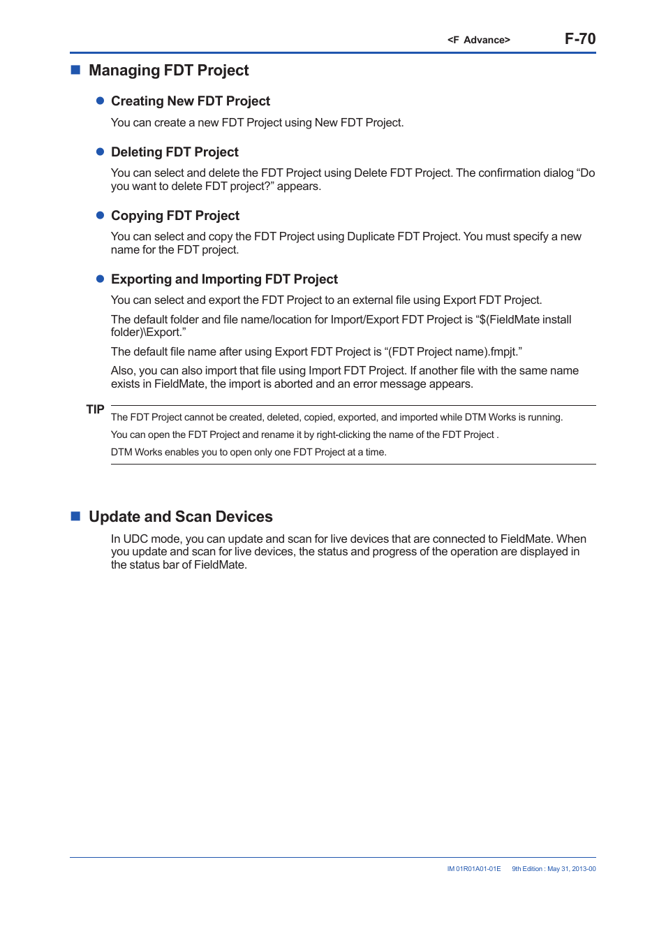 F-70, Managing fdt project, Update and scan devices | Yokogawa FieldMate User Manual | Page 189 / 384
