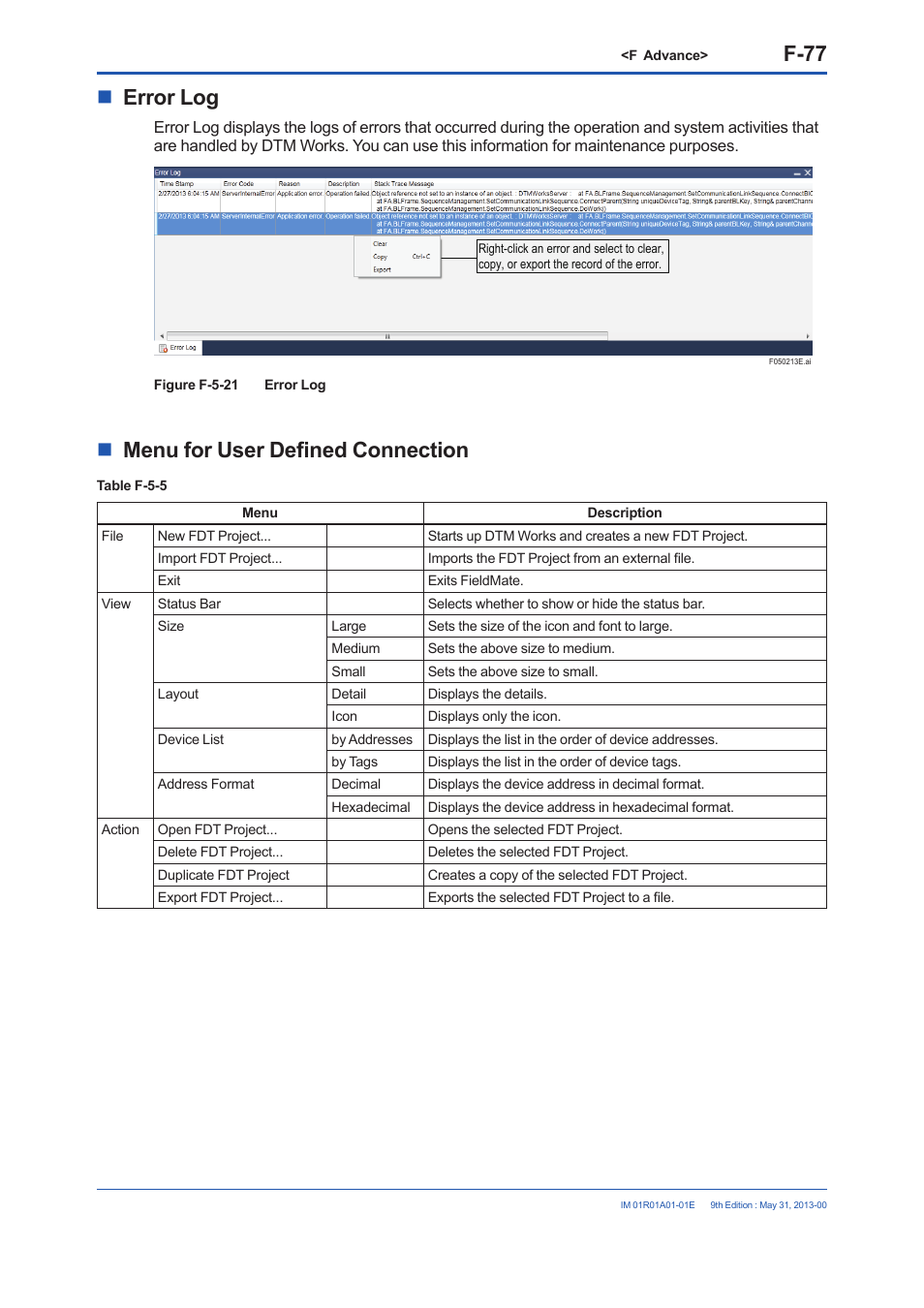 F-77, Error log, Menu for user defined connection | Yokogawa FieldMate User Manual | Page 196 / 384
