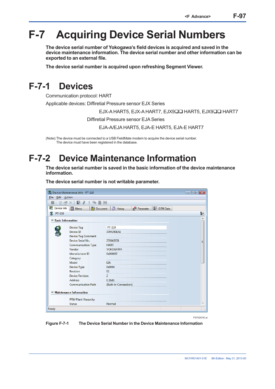 F-7 acquiring device serial numbers, F-7-1 devices, F-7-2 device maintenance information | F-97 | Yokogawa FieldMate User Manual | Page 216 / 384