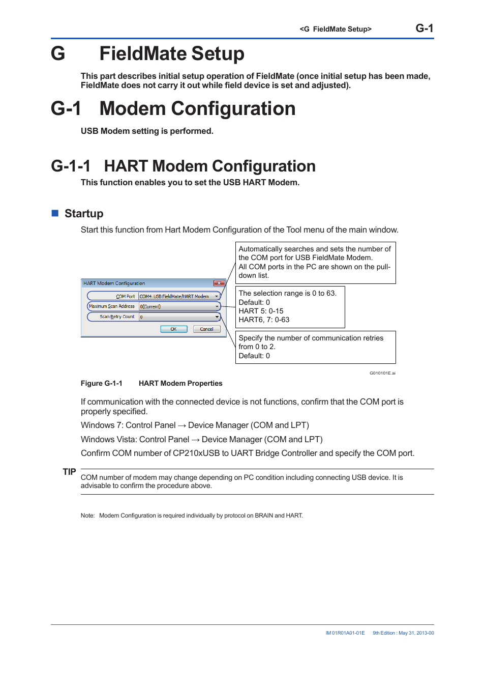 G fieldmate setup, G-1 modem configuration, G-1-1 hart modem configuration | Gfieldmate setup, Startup | Yokogawa FieldMate User Manual | Page 226 / 384