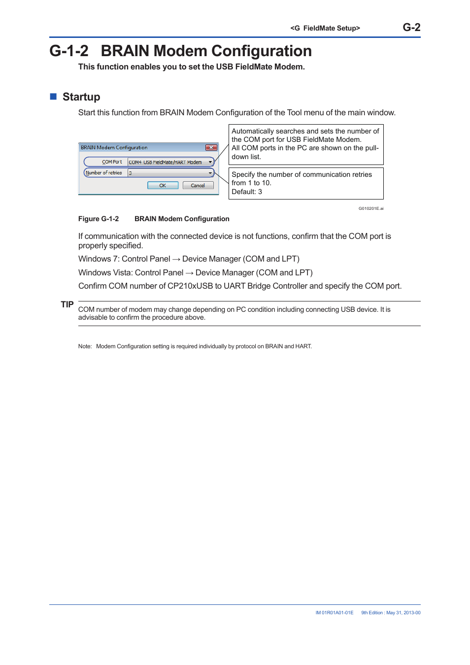 G-1-2 brain modem configuration, Startup | Yokogawa FieldMate User Manual | Page 227 / 384